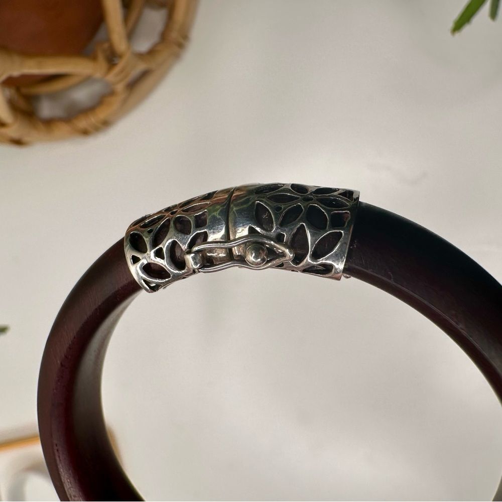 Vintage Sterling Silver & Wood Bangle Bracelet Artisan 925 Hinged Floral Clasp - Picture 8 of 12